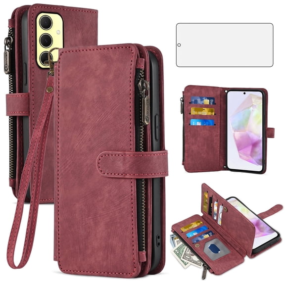 Asuwish Kickstand Hard Shell Wallet Cell Phone Case with Tempered Glass Screen Protector for Samsung Galaxy A35, Red