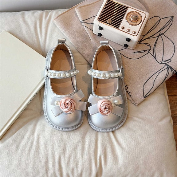 Spazoro Toddler Girls Mary Jane Leather Shoes, Bow Pearl Non Slip Rubber Flat Sole Round Toe Padded Insole Dress Shoes for School Party Silver Size 11.5 Little Kids