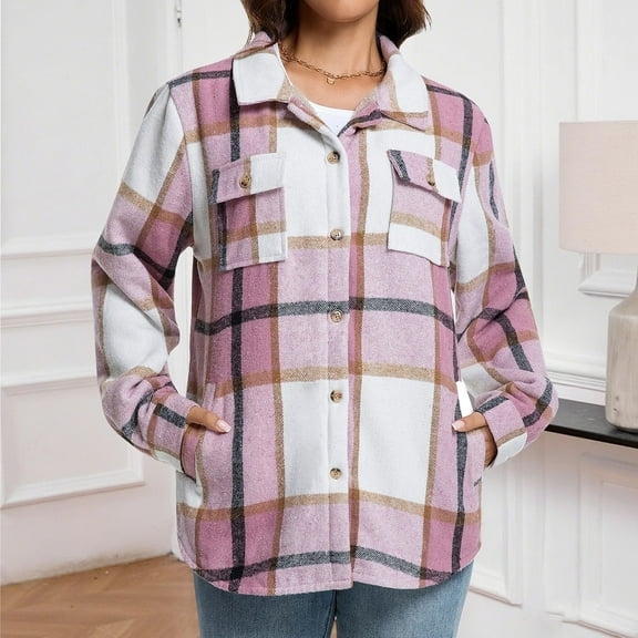 DAFPZW Womens Plus Size Boyfriend Shirts Long Sleeve Button Down Casual Plaid Shacket Jacket Coats with Pockets