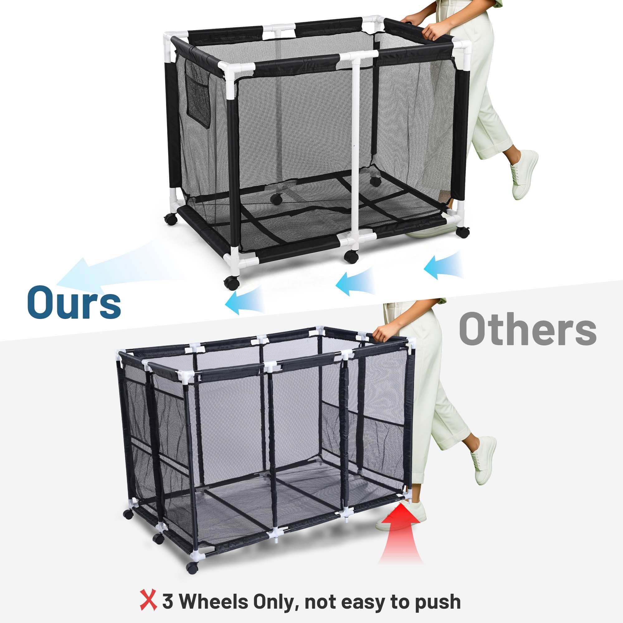 Yescom 48" Heavy-Duty Rolling Pool Toy Storage Bin – Reinforced Metal Frame Mesh Cart with 10-Wheel Stability, Side Pockets, and Breathable Quick-Dry Fabric in Black
