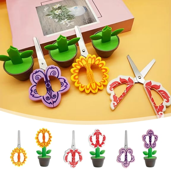 Tarmeek Mini Flower Shaped Scissors, Cute Standing Foldable Craft Scissors with Storage Pot, Stainless Steel Blades for Paper Cutting, Cute Office Stationery