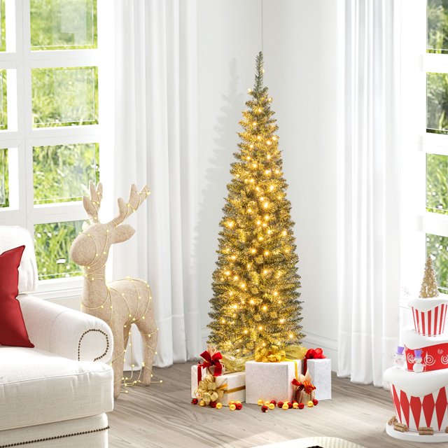 Gymax 5 ft Pre-Lit Artificial Christmas Tree Slim Pencil Xmas Tree Holiday Party Decor