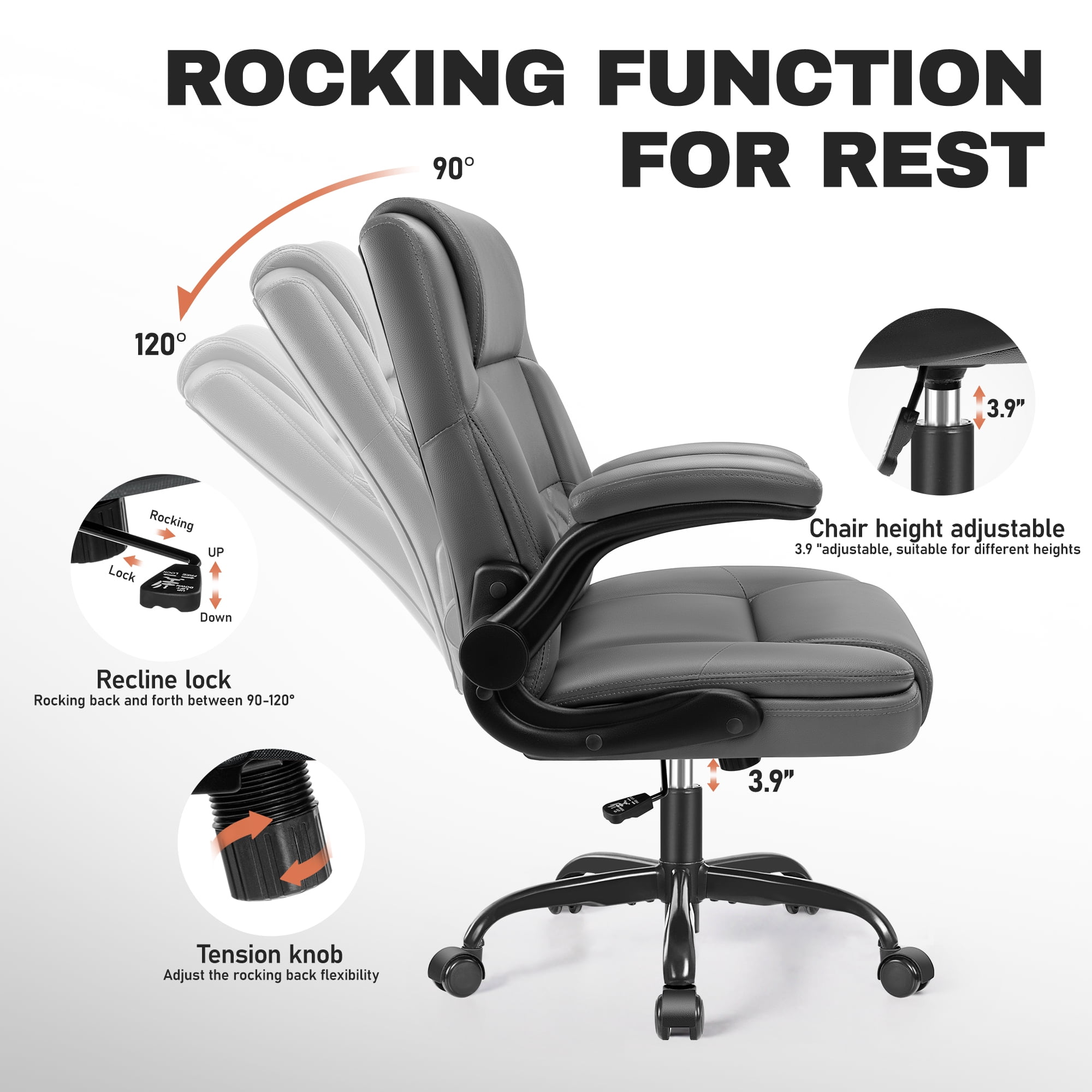COOLHUT Office Chair, Executive Leather Chair Home Office Desk Chairs, Computer Chair with Adjustable Flip-up Padded Arms, Lumbar Support Swivel Desk Chair with Adjustable Hight and Tilt, Dark Gray