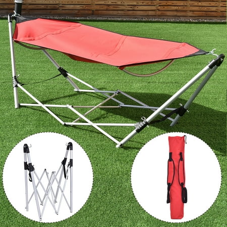 Costway Red Portable Folding Hammock Lounge Camping Bed Steel Frame Stand W/Carry