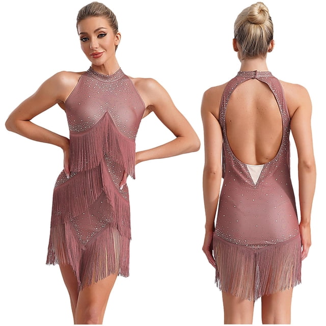 Alvivi Robe de Danse Latine Sans Manches à Paillettes pour Femmes avec Franges Chacha Salsa Rumba Tango Valse Tenue de Danse de Salon Rose Poussiéreux L