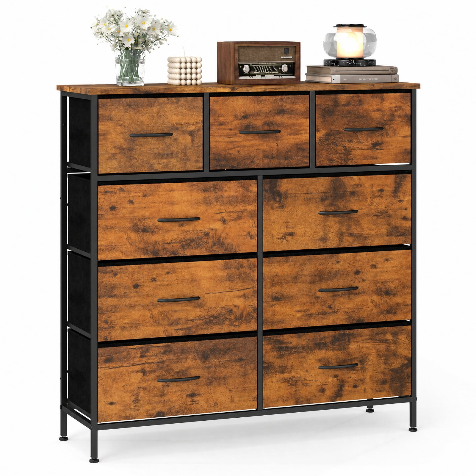 Furnibear 9-Drawer Fabric Dresser with Wooden Top for Bedroom for Bedroom Closet Living Room Nursery Clothes Storage, Rustic Brown
