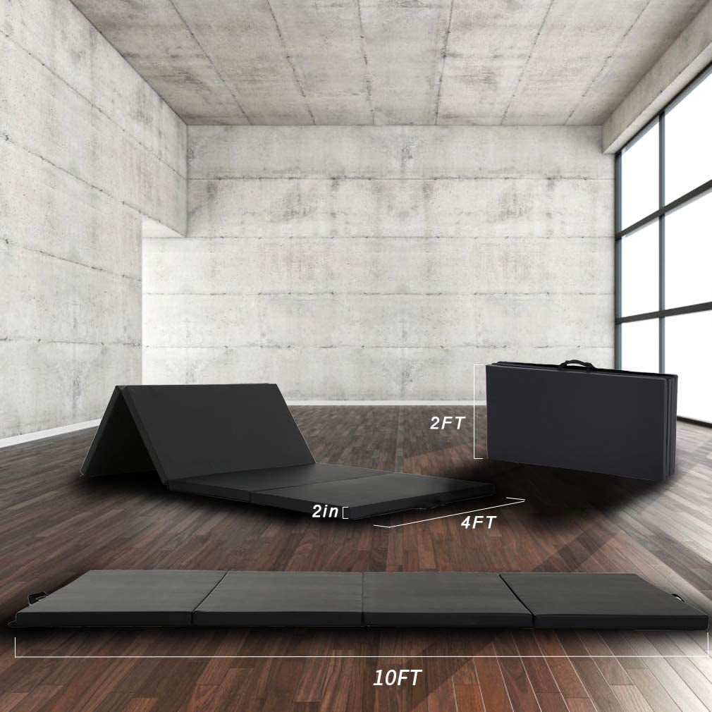 PayLessHere Foldable Gymnastics Mat 4'x10' PU Leather Tumbling Yoga Mat for Home Outdoor，Black