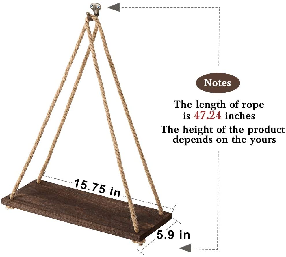 Oumilen Set of 4 Vintage Hanging Shelves Wood Rope Floating Shelves, Brown