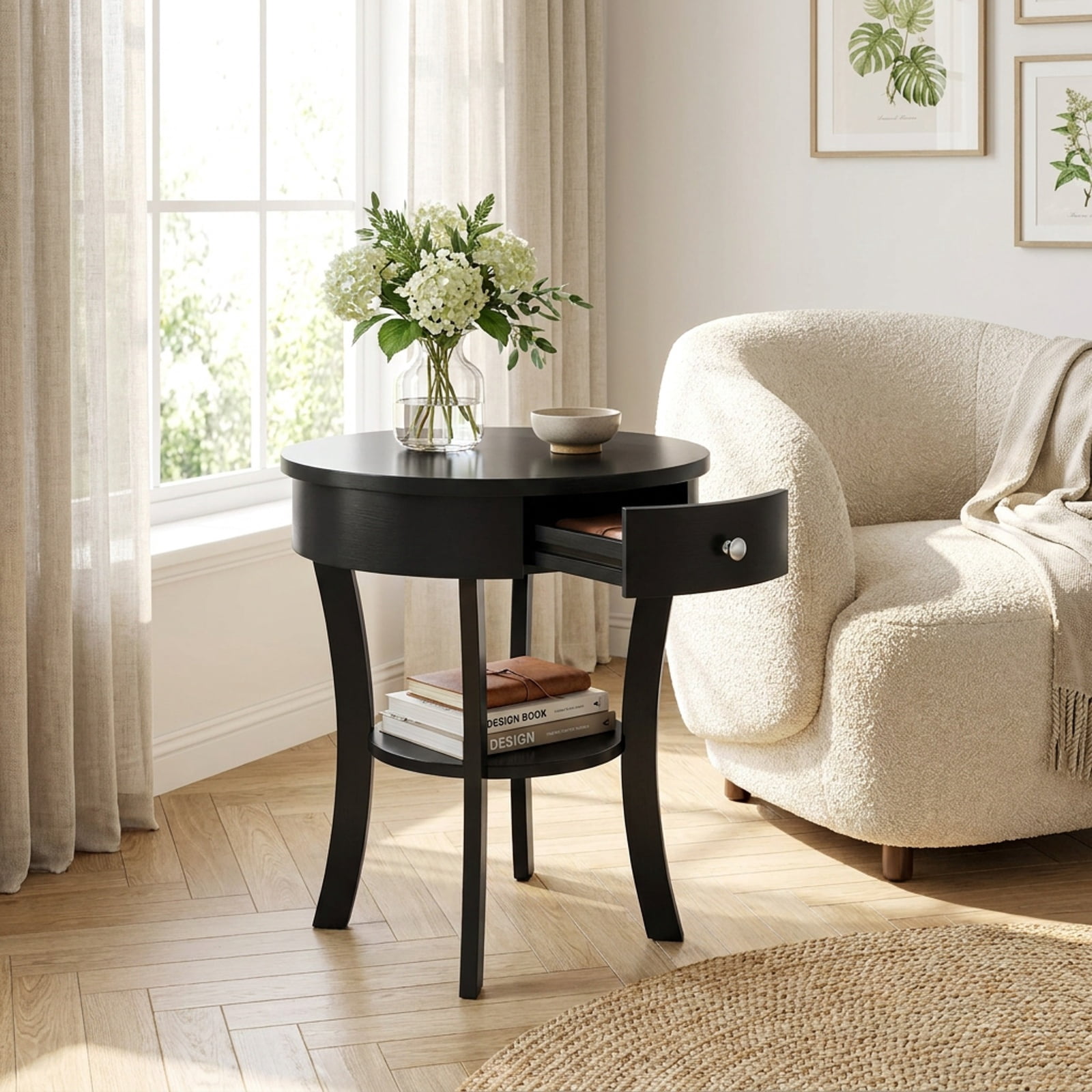 Furnibear 2 Tier Round End Table with Open Drawer and Storage Shelf for Living Room Bedroom and Bedside Accent Space, Black