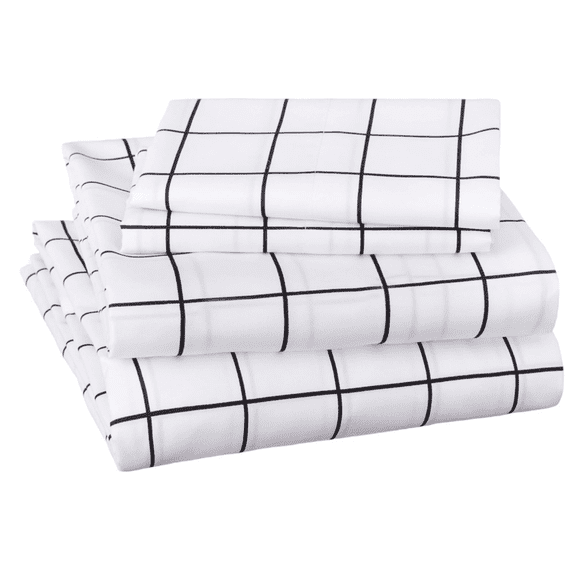 Soft Microfiber 4-Piece Bed Sheet Set with Elastic Side Pockets, Full, Black Grid, Geometric