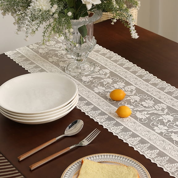 Djiypn White Lace Table Runner with Embroidered Design for Wedding and Party - Wildflower Decor for Kitchen Dining by Hosts