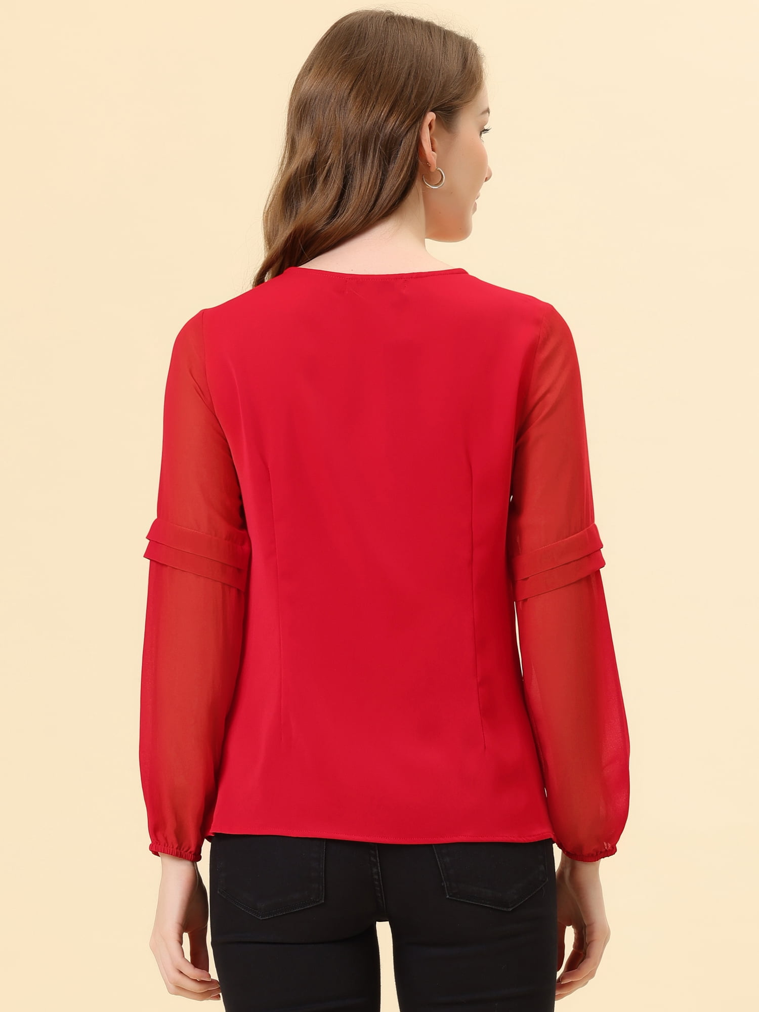 DARING DIVA Chiffon Semi Sheer Long Sleeves Keyhole Neck Blouse XL Red