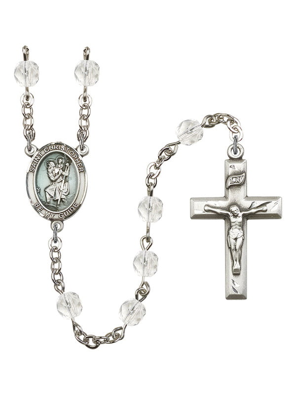Bonyak Jewelry 18 Inch Rhodium Plated Necklace w/ 6mm White April Birth Month Stone Beads and Saint Christopher/Surfing