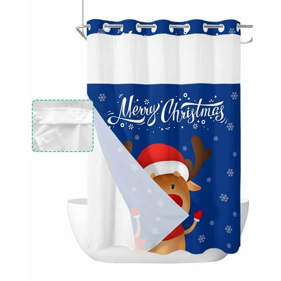 No Hook Shower Curtain with Snap in Liner, Christmas Blue Lovely Elk Snowflakes Hotel Shower Curtains for Bathroom, Washable Shower Curtain Liner Set with Mesh Top Window, 60"x72"