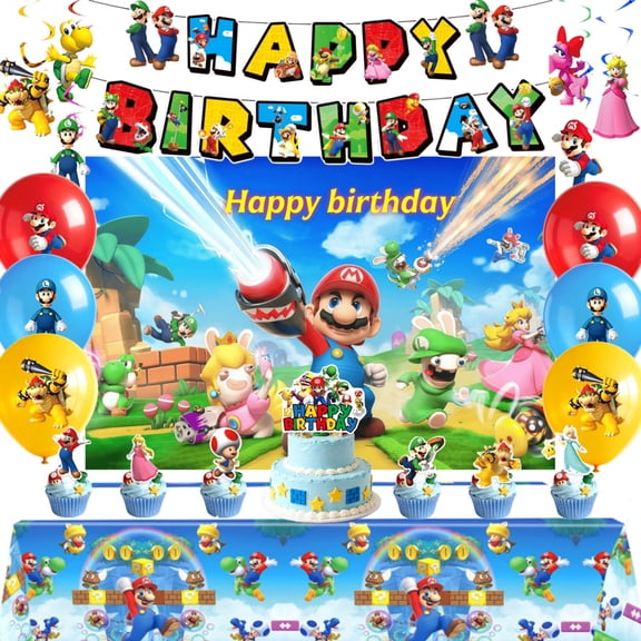 The Mario Birthday Decoration Set includes Mario birthday party supplies, a happy birthday banner, backdrop, tablecloth, balloons, cake decorations, and is suitable for children's party decorations.