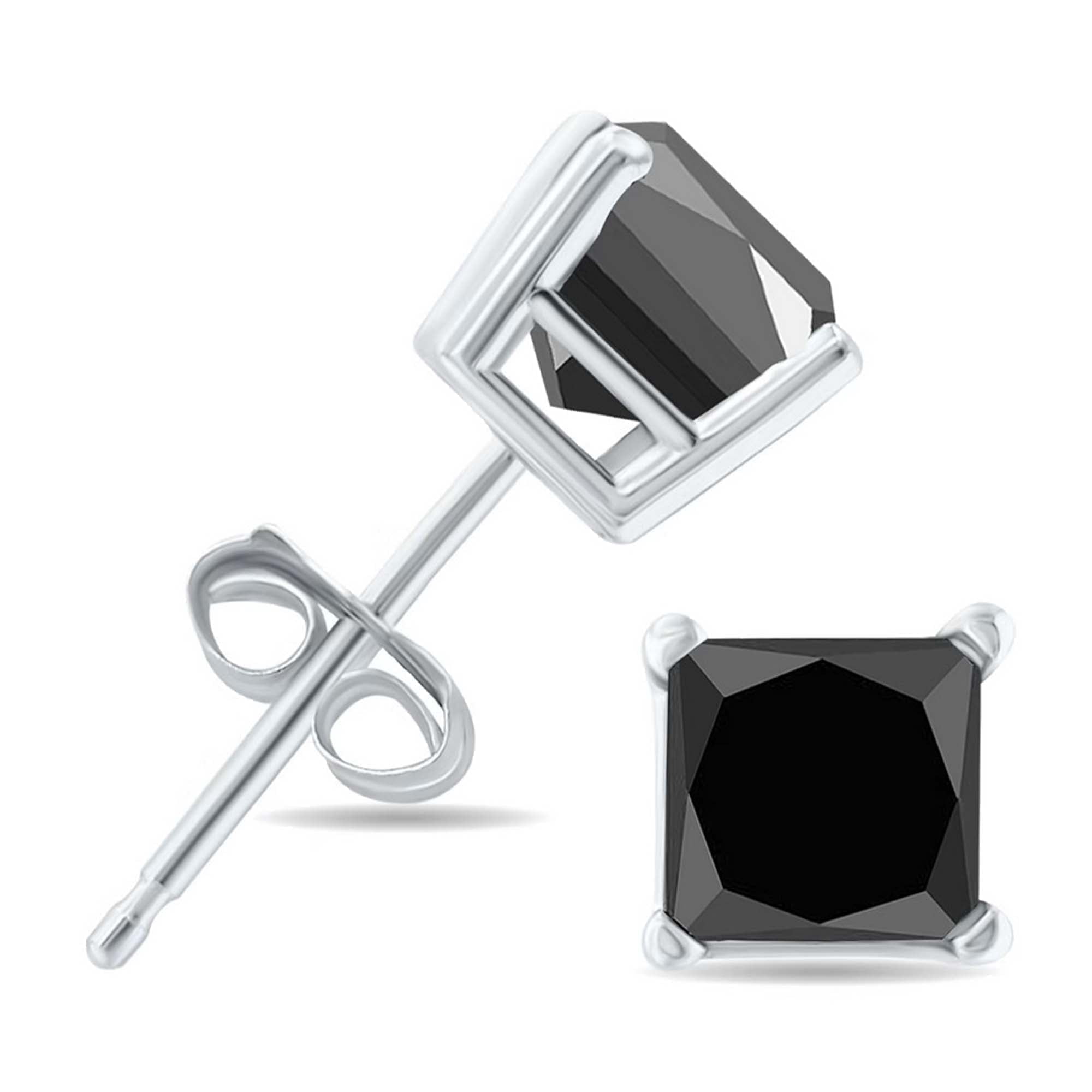 14k White Gold 1/2 Carat Black Diamond Princess Plated Stud Earrings by Paris Jewelry