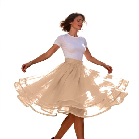 DGMIOCS Women s Layered Midi Skirt for Everyday Wear with Elastic Waist and Flared for Spring Summer Daily Khaki L