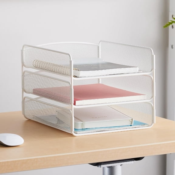 Desk Organizer, 3 Trays, Office and Classroom Mailbox, Paper and Mail Sorter, Steel Mesh, White