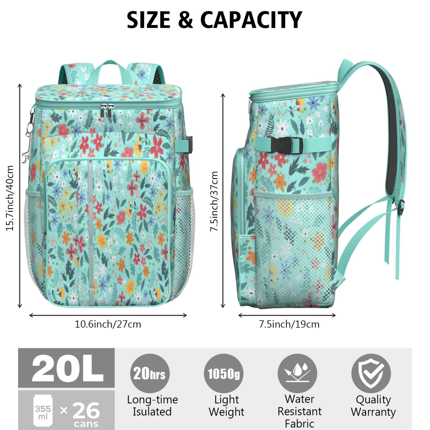 Travel Cooler Bag - Pioneer Flower Floral Print Pattern Camping Beer Cooler Backpack with Bottle Opener- Waterproof Insulated Picnic Backpacks - Cooler Bag for Beach