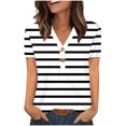 thumbnail image 1 of V-neck Short Sleeve Shirt for Women, Polyester Printed Top with Button Front, Regular Length, Slimming High-Cut Design, Black, S, 1 of 9