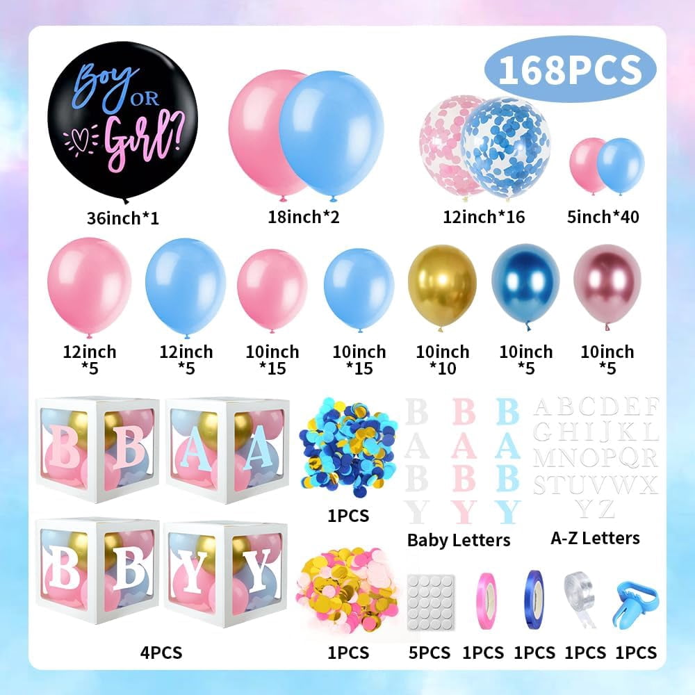 Baby Boxes Gender Reveal Balloon Decorations, Pink and Blue Balloon Garland Arch Kit, Baby Boxes with A-Z+Baby Letters for Gender Reveal Party Supplies