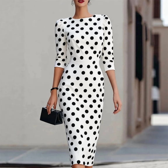 Morttic Women's Elegant 3/4 Sleeve Polka Dot Midi Dress – Vintage Slim Fit Crew Neck Bodycon Formal Party & Cocktail Dress White,S