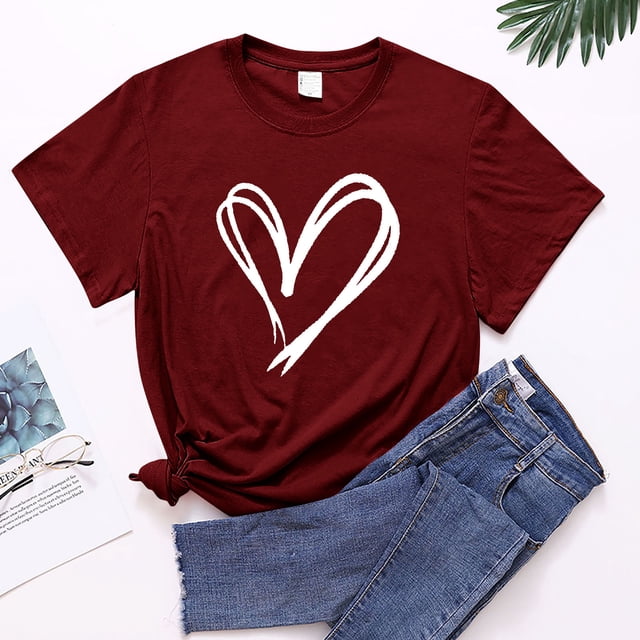 Meichang Happy Valentines Day Chemises Femmes Mignon Imprimé Cœur T-Shirts Manches Courtes Décontracté Col Rond T-Shirts Happy Valentines Day Chemises