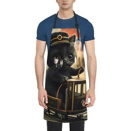 

Lukts Adorable Kitten On Mini Train Pattern Kitchen Cooking Aprons Adjustable Bib Soft Chef Apron with 2 Pockets for Men Women