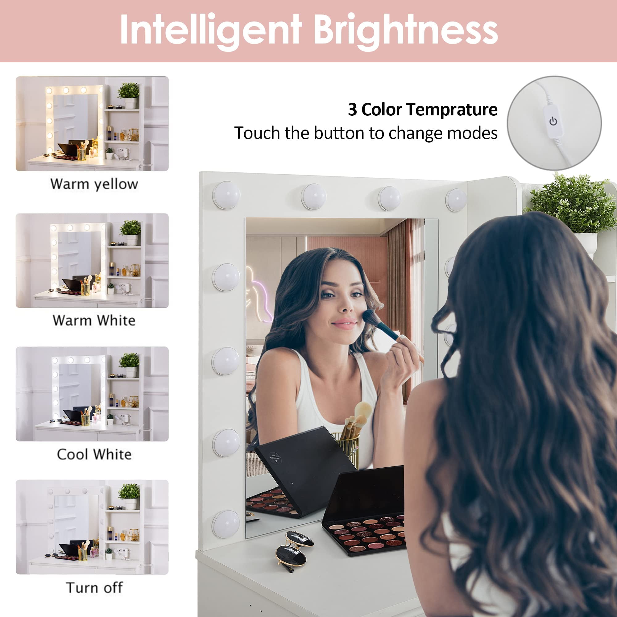 Veanerwood Makeup Vanity with Lights, Bedroom Vanity Table with Power Strip, Modern Dressing Table, 4 Drawers, White