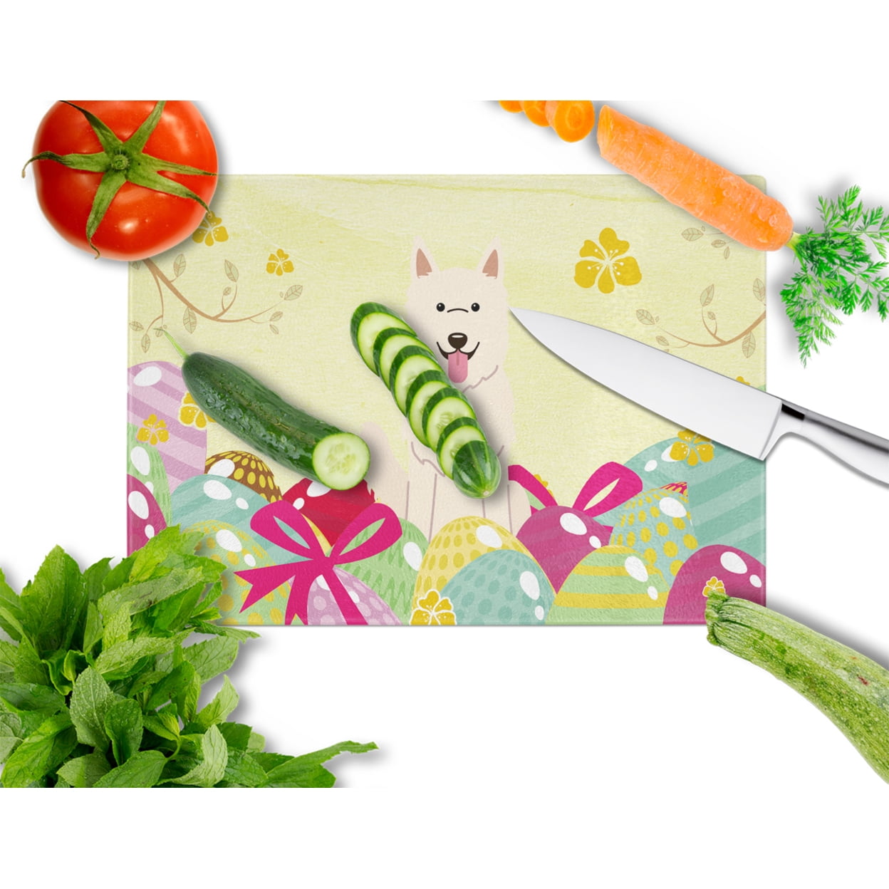 Carolines Treasures BB6045LCB Easter Eggs White German Shepherd Glass Cutting Board Large, 12H x 16W, multicolor
