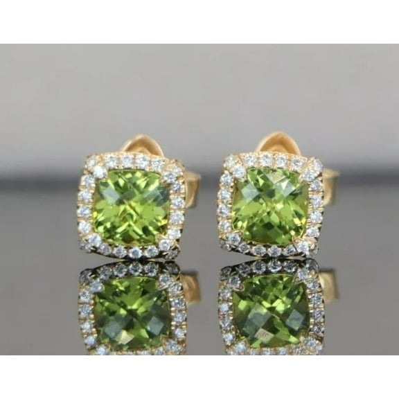 Radiant Jewelry Halo Stud Earrings 3 Ct Peridot Cushion Cut with Lab Created CZ Diamond 14K Yellow Gold Plated Push Back Earrings for Women