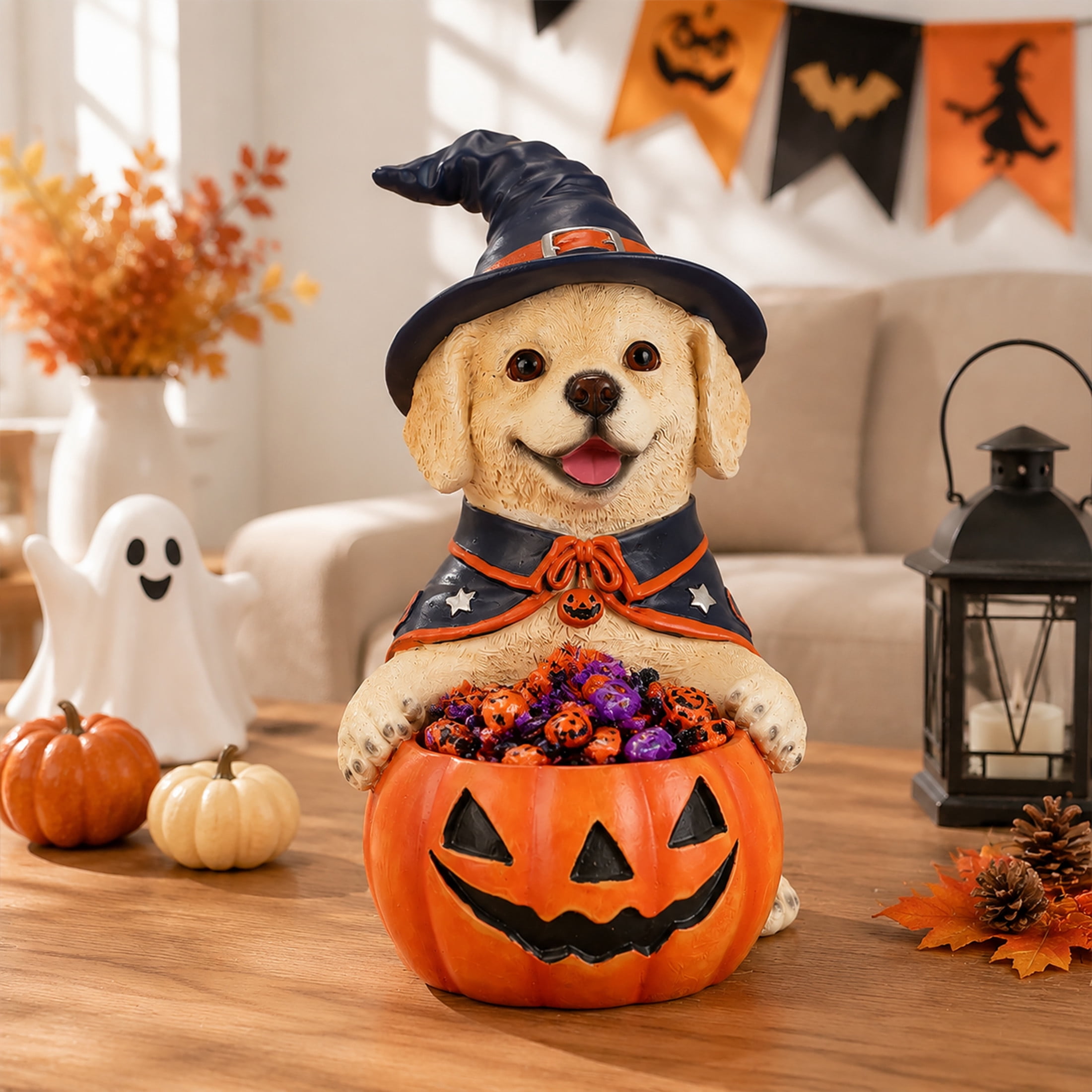 Noble House Halloween Labrador Retriever Witch Puppy Figurine with Pumpkin Candy Bowl, Decorative Statue, Brown