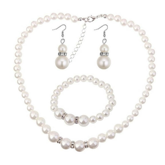 Shenmeida 3Pcs/set Elegant Faux Pearl Necklace Hook Earrings Bracelet Jewelry Set Simulated Pearl for Women Gift