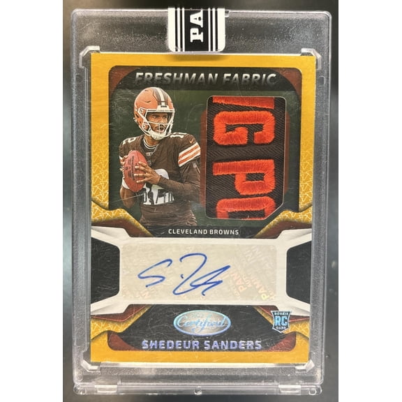 Collectible 2025 Panini Certified Shedeur Sanders FBC-SSS Gold Etch Auto Cleveland Browns Football Card Cleveland Browns NFL Autographed Football Trading Card