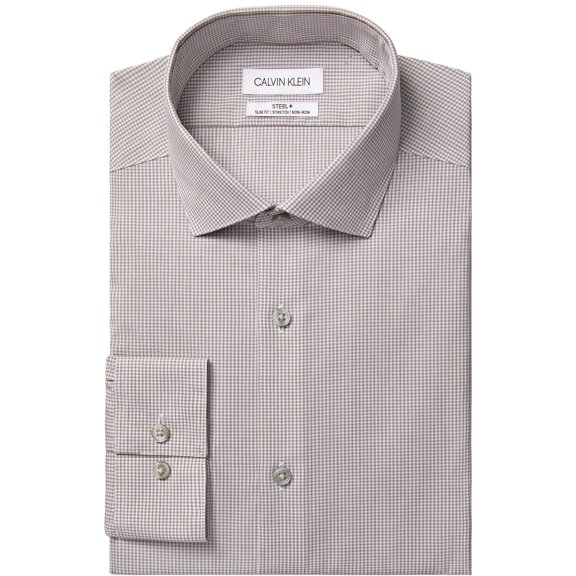 Calvin Klein Mens Dress Shirt Non Iron Stretch Slim Fit Check 14.5 Neck 32-33 Sleeve Taupe