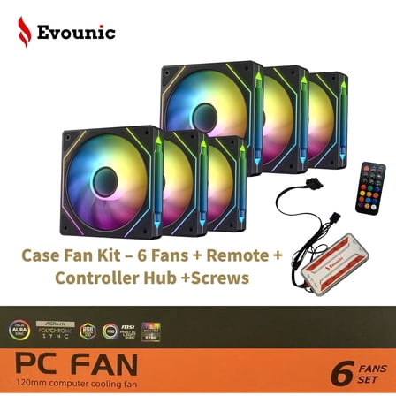Evounic 120mm RGB/ARGB Case Fan Kit, Quiet Cooling 6-Pack with Remote Control & 6-Port Controller Hub for Gaming PC