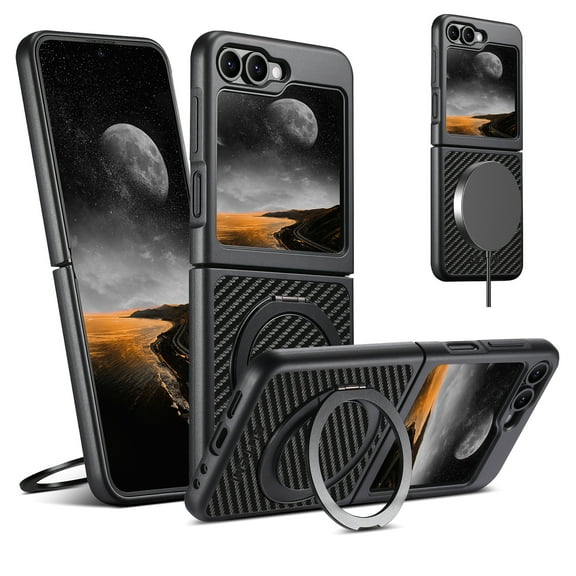 Dteck 360 Spin Magnetic Stand for Samsung Galaxy Z Flip 6 Case, Compatible with MagSafe, 360 Kickstand & Ring Holder, Slim PU Leather Shockproof Protective Phone Cover for Galaxy Z Flip6,Carbon Fiber