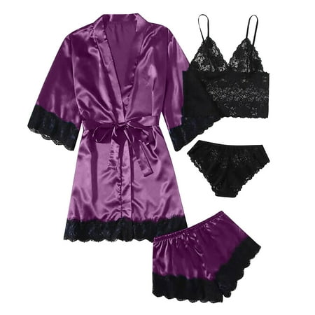 

LONKITO Bikini Sets for Women Plus Size Sexy Lingerie Women Silk Robe Satin Bathrobe Sleepwear Pajamas Purple XL