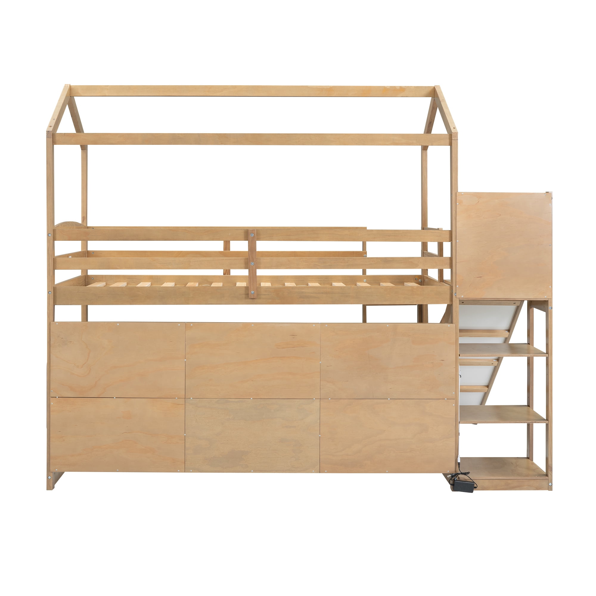 Euroco Wood Twin Size Loft Bed with Shelf and Slide, LED Light Strip and Bookcase for Kids Teens Adults, Wood