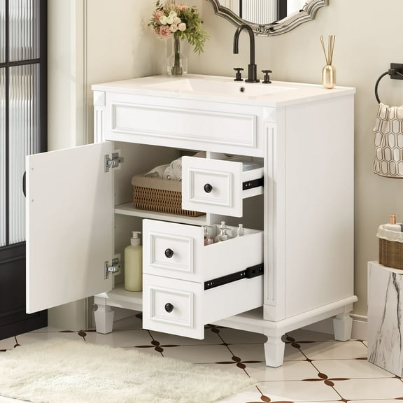 30'' Bathroom Vanity with Ceramic Sink Combo, Solid Wood Frame Bathroom Storage Cabinet with 2 Drawers & Adjustable Shelf, Freestanding Bathroom Vanities, Soft Closing, Metal Handle, White