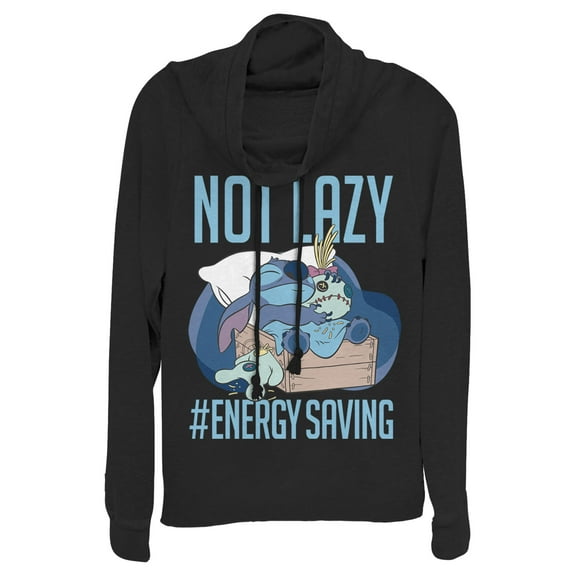 Junior's Lilo & Stitch Not Lazy, Saving Energy Cowl Neck Sweatshirt Black 3X Large