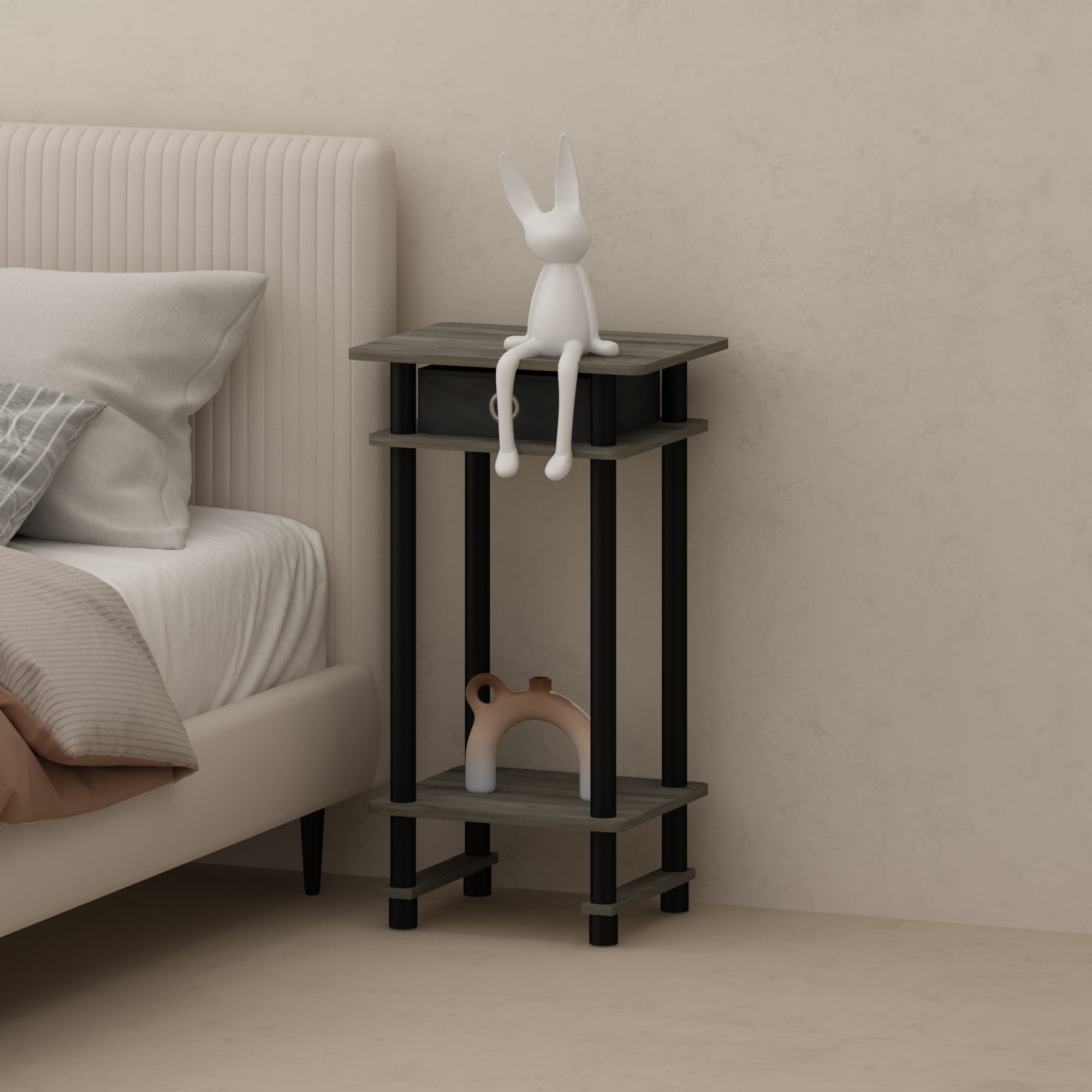 Furinno Turn-N-Tube Tall Nightstand with Bin, French Oak/Black/Black