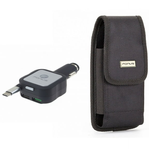 Car Charger & Case Belt Clip for iPhone 15 Pro - Retractable 4.8Amp Type-C 2-Port USB and Swivel Holster Rugged Cover R4O for iPhone 15 Pro (6.1")