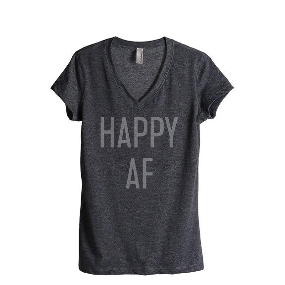Thread Tank Happy AF Women's Fashion Relaxed V-Neck T-Shirt Tee Charcoal Small