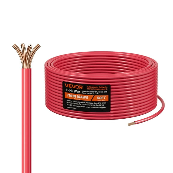 VEVOR 10 AWG THHN Wire, 19-Stranded, 100% OFC Copper Electrical Building Wire with Nylon Jacket, Rated for Up to 600 Volts, for Indoor & Outdoor Use, Commercial, Industrial, Residential, Red