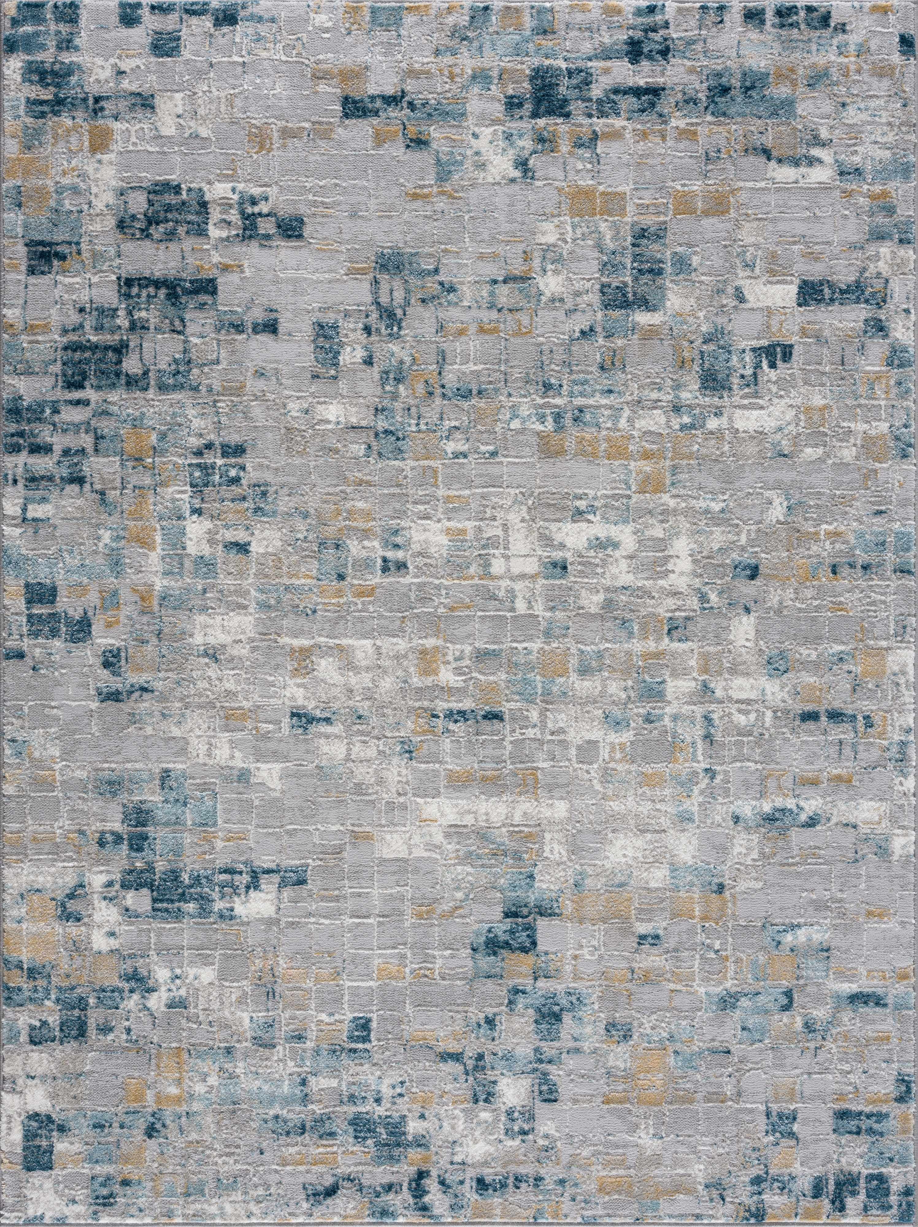 Hauteloom Liverpool Modern Abstract Bedroom Living Room Small Area Rug - Square Tile Carpet - Contemporary Bohemian Farmhouse - Blue, Grey, Brown, Off White - 2' x 3'