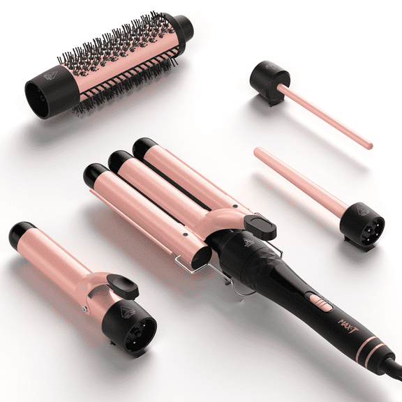 MAXT 5 in 1 Curling Iron Wand Set Dual Voltage 0.35-1.25" Replaceable Ceramic Wand Curler with Glove & Clips Pink