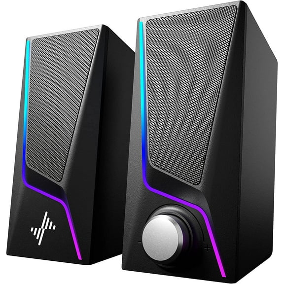 Computer Speakers, PC Speakers with 6 Lighting Modes, USB Powered Computer Speakers for Desktop PC with 2 Bass-Boost Ports, 2 Speaker Units, and 3.5mm Aux-in for PC, Laptop, Monitor, Gaming