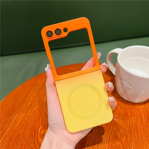 Magnetic Case for Samsung Galaxy Z Flip 5 5G, Gradient Neon Color Case Compatible with MagSafe Charger Cover Built-in Camera Lens Protector Pretty Phone Case for Women and Girl - Orange Yellow