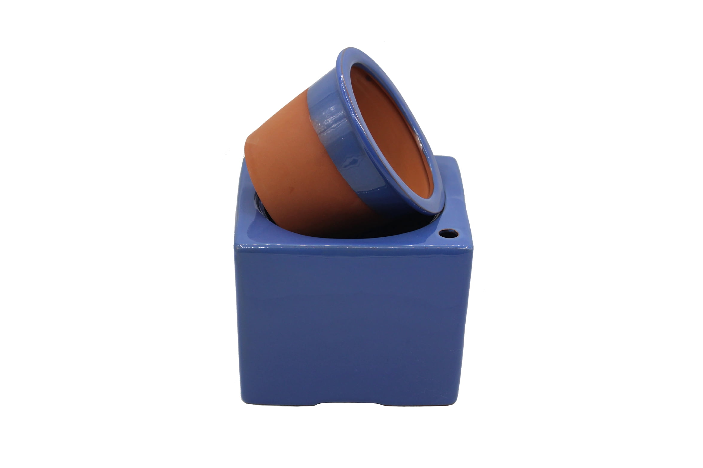 Self-Watering Square Terracotta Pot for African Violets and Small Plants, Red Clay Planter with Inner Pot and Reservoir, 6 Inch, Blue